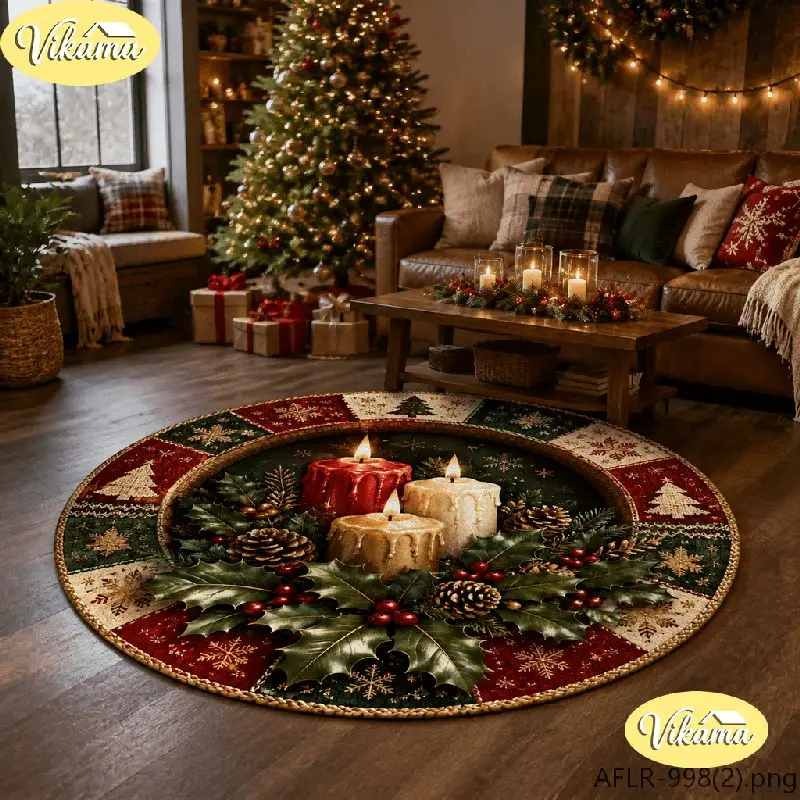 VIKAMA Christmas Round Rug Candle Holly Berry Pinecone Plaid Area Rug Living Room Holiday Home Decor Aesthetic Art Large Premium