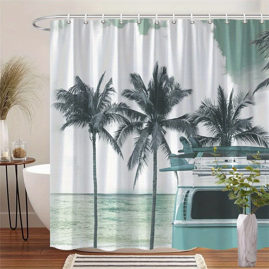

1 шт., винтажная занавеска для душа с тропическим пляжным узором, машинная стирка из полиэстера с крючками для украшения ванной комнаты