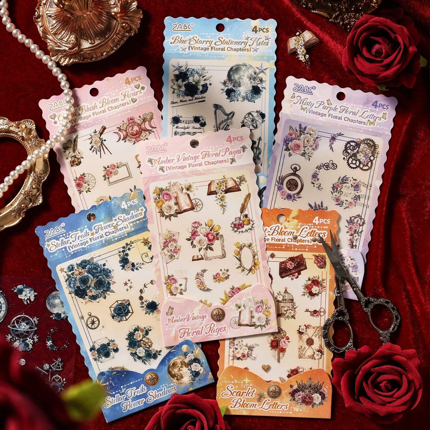 4sheets Vintage Floral Stickers Old Chapters Waterproof PET for Journal Scrapbook Supplies Adhesive Stationery Sticker