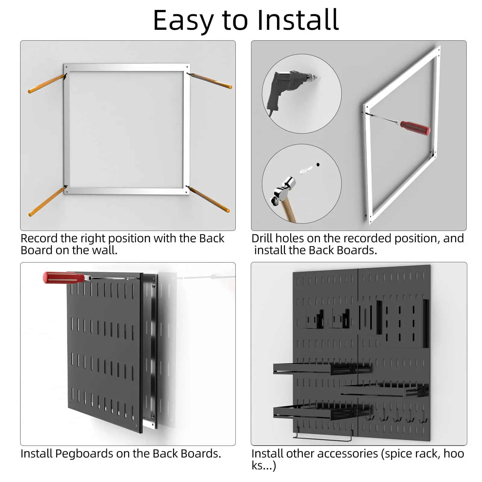 Wall Mounted Galvanized Steel Pegboard, Peg Board Hooks, Organizer Accessories, Spice Rack, Metal White Pegboard Panels