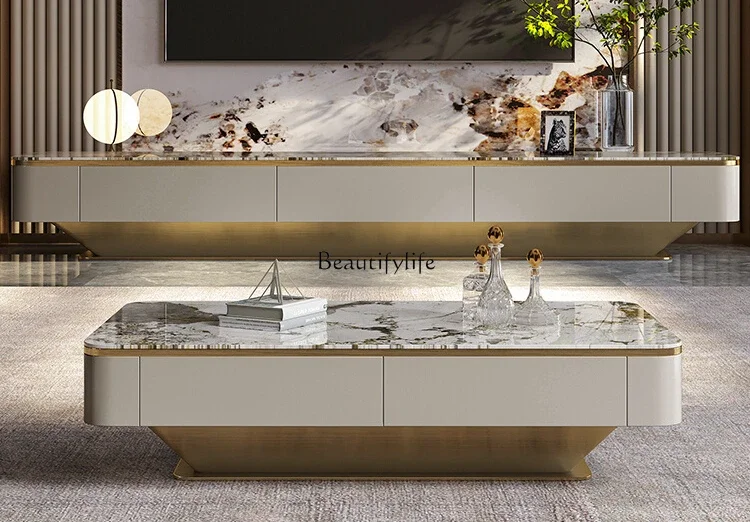 

Light luxury bright rock slab coffee table TV cabinet Modern high-end solid wood edge cabinet