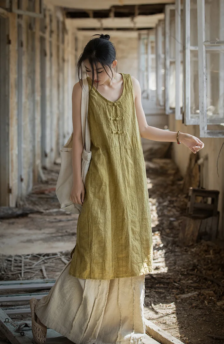 

Женское платье с длинными рукавами в китайском стиле, из хлопка и льна, с эффектом тай-дай, на пуговицах, современное, мягкое