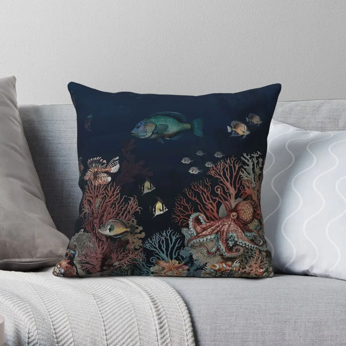 Funda de almohada cuadrada con diseño de terciopelo y lino de poliéster, funda de cojín decorativa con cremallera para el hogar, Coral de aguas profundas