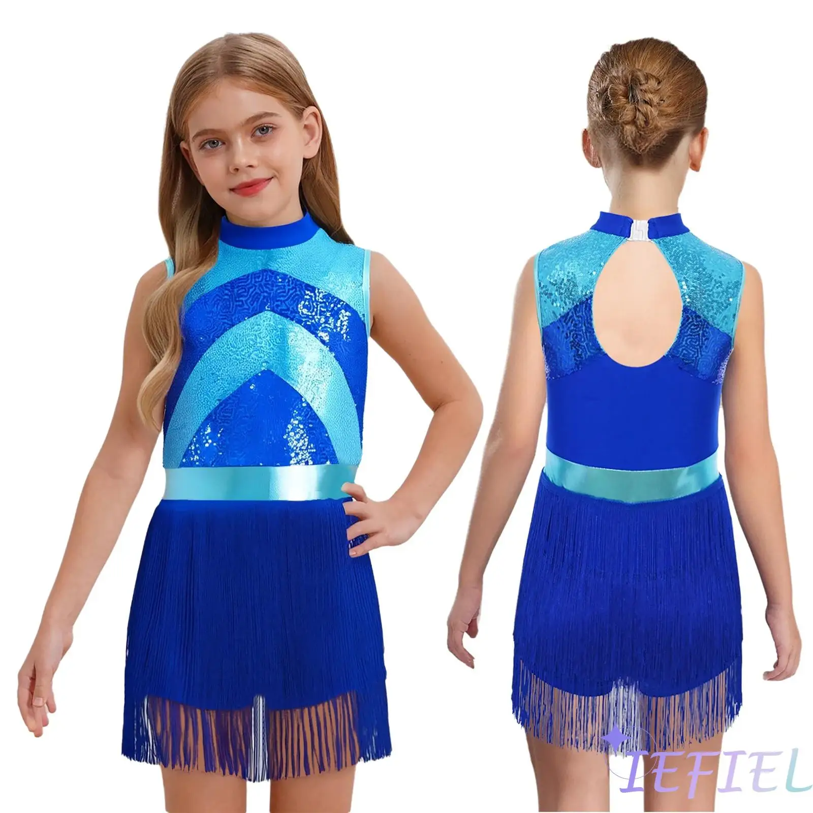 

Kids Girls Latin Jazz Dance Performance Costume Mock Neck Sleeveless Shiny Sequins Color Block Tassels Dress for Stage Prom Show