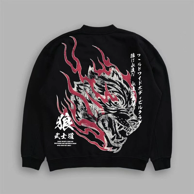2026 Amerikanische Streetwear-Marke Retro Wolfskopf Fleece Bedruckter Pullover für Männer und Frauen Locker Sitzender Rundhals-Oberteil – Detail 4