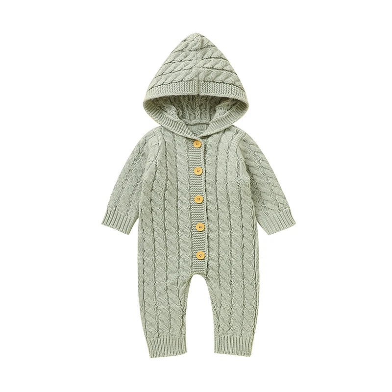 

0-18m Baby Rompers Clothes Autumn Winter Solid Hooded Long Sleeve Knit Newborn Infant Boys Girls Sweaters Jumpsuits Toddler Wear