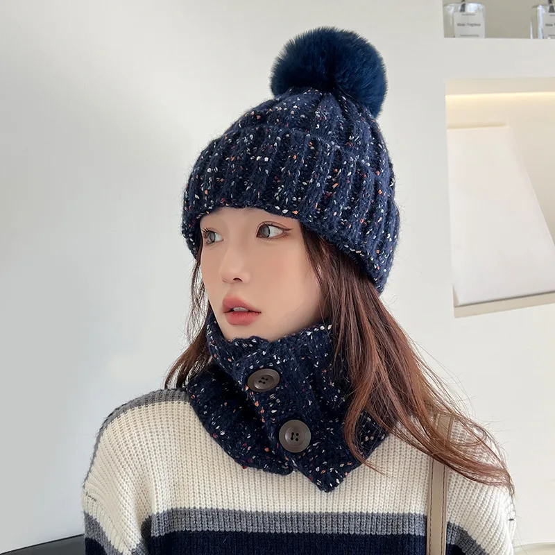 Colorful Dot Woolen Women's Pompom Beanie Hat Fashion Mom Thicken Acrylic Knit Skullies Hat Neck Two-piece One Set Winter Warmer