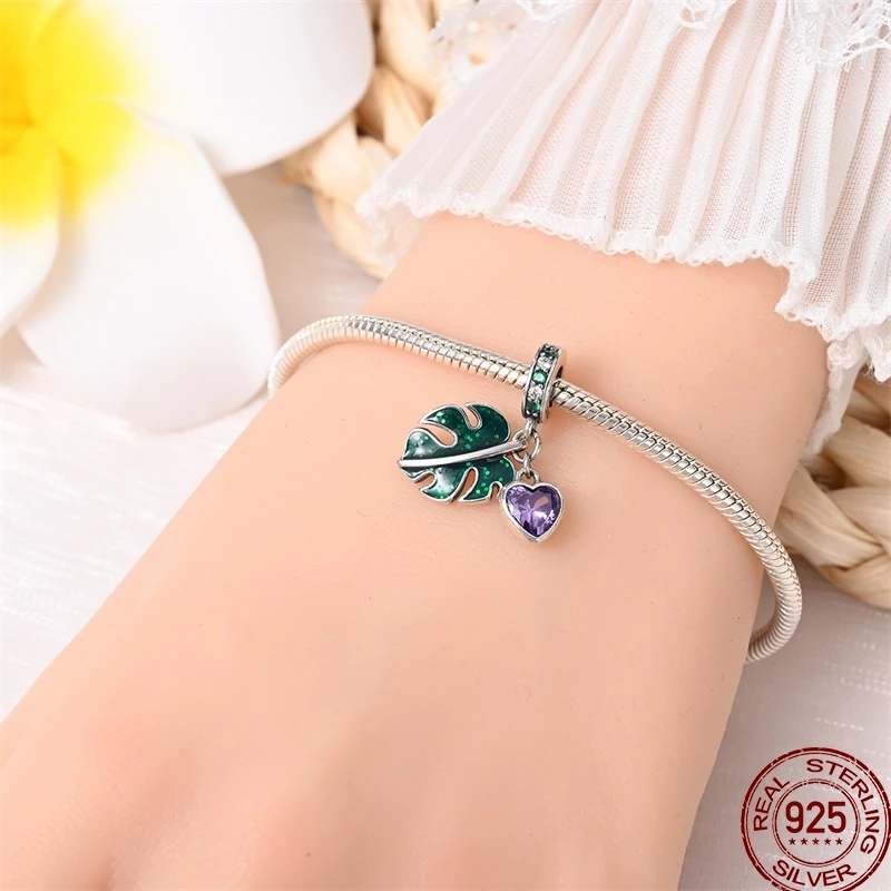 925 Sterling Silver Tropical Rainforest Charm Elephant Leaf Sun Green Beads Fit Original 3mm Pan Bracelet DIY For Women Jewelry