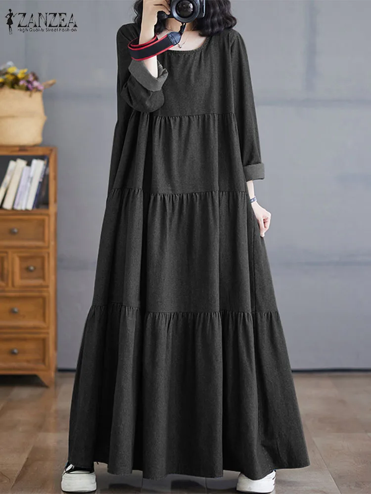 2025 ZANZEA Women Spring Vintage Long Sleeve Ruffles Maxi Dress Autumn Solf Denim Sundress Casual Loose Solid Vestido Robe Femme