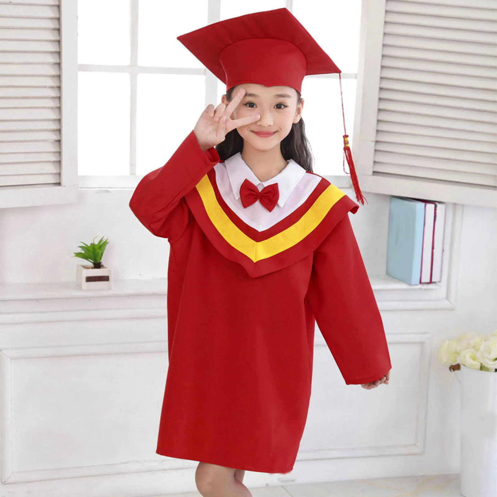 

Kids Graduation Gown Children Bachelor Costumes School Students Uniform Girls Dress set with Hat Baby Performance Clothing