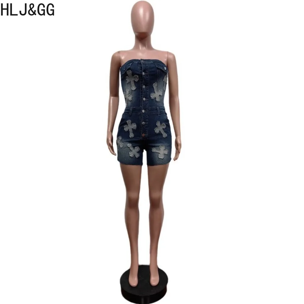 HLJ&GG Fashion Denim Embroidery Off Shoulder Tube Rompers Women Sleeveless Backless Elastic Jean Jumpsuits Sexy Cowboy Overalls