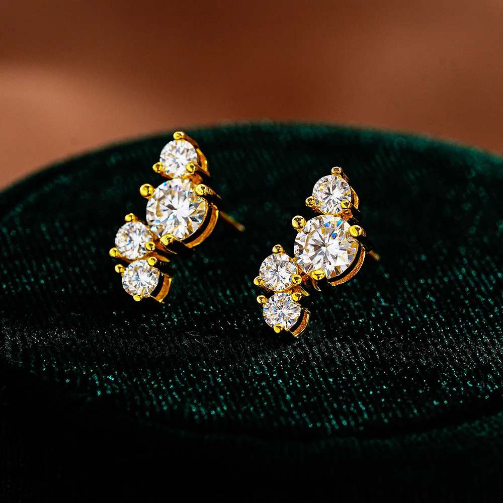 Luxury 925 Silver Moissanite Earrings Gold Plated Climber Studs Brilliant Cut Engagement Jewelry