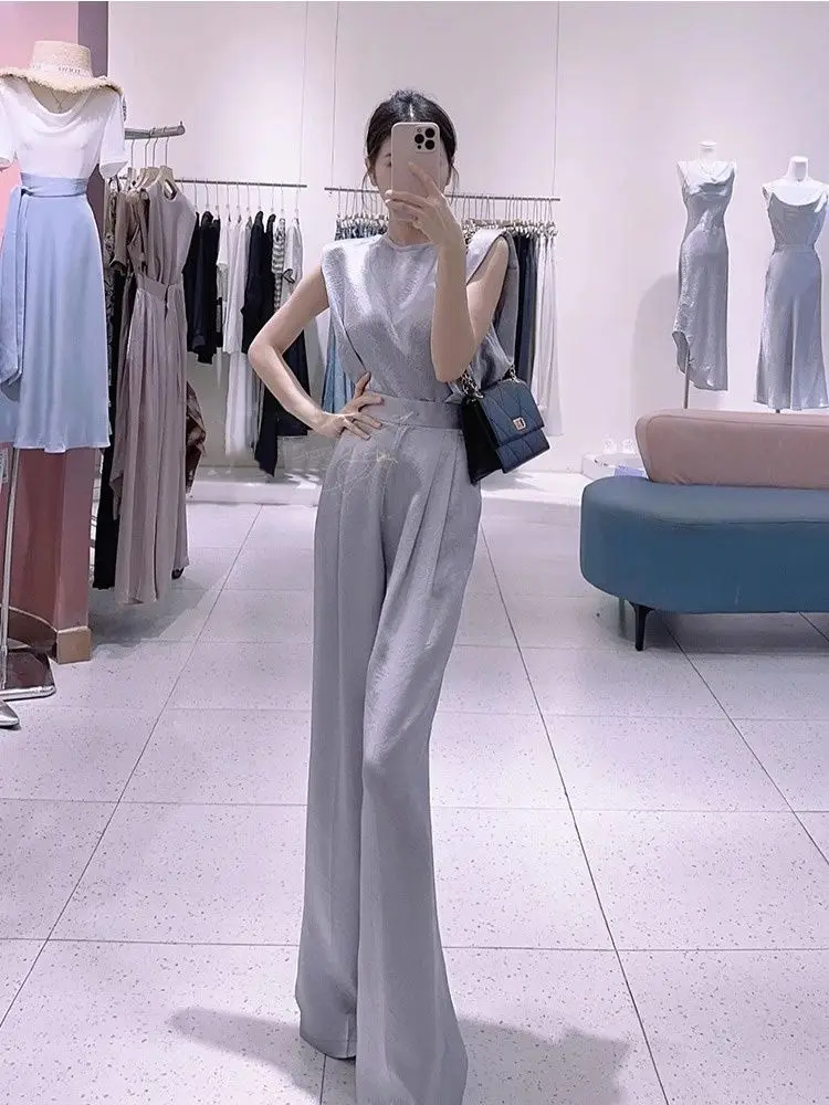 

New High End Fashion Summer Women's Two Piece Set Satin O-neck Sleeveless Blouse Top + Long Wide Leg Pants Elegant Suit