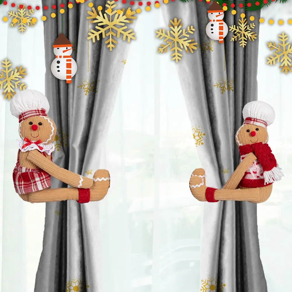 Unique Holiday Curtain Tieback Festive Christmas Gingerbread Man Decor Set for Home Plush Tree Topper Curtain Buckles Wine