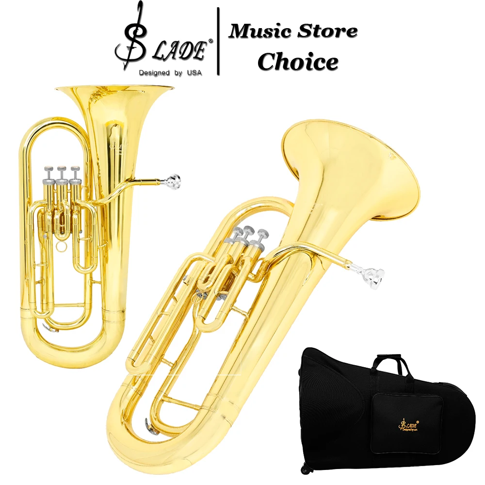 SLADE Bb Euphonium 3-Valve Brass Baritone Horn Professional Student Brass Instrument with Carrying Case Mouthpiece & Back Straps