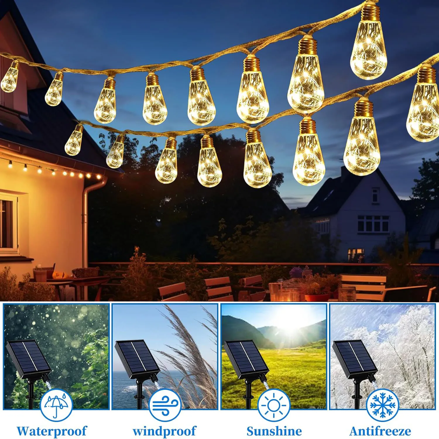 Cuerda de cáñamo alimentada por energía Solar, 8 modos de iluminación, bombillas S14 de 8M, 16 piezas, para exteriores, Patio, jardín, decoración de fiesta