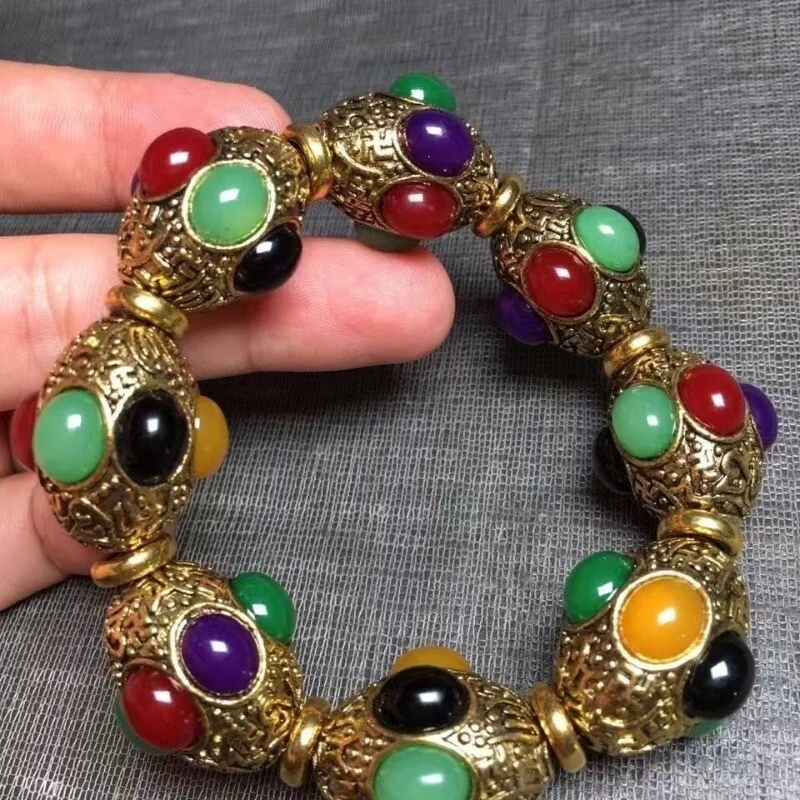 

Old Carving Flower Inlaid Red Green Bla Jade Silver Bracelet 1