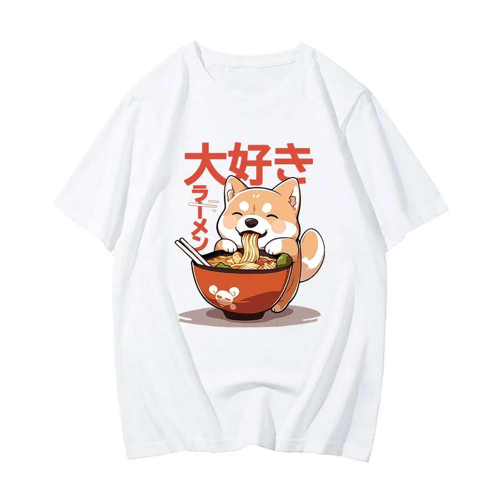 Shiba Inu Enjoying Ramen T-shirts 100% Cotton High Quality Summer Tee-shirt Casual Men/Women Kawaii Tshirt Cute Girls Shirt Male