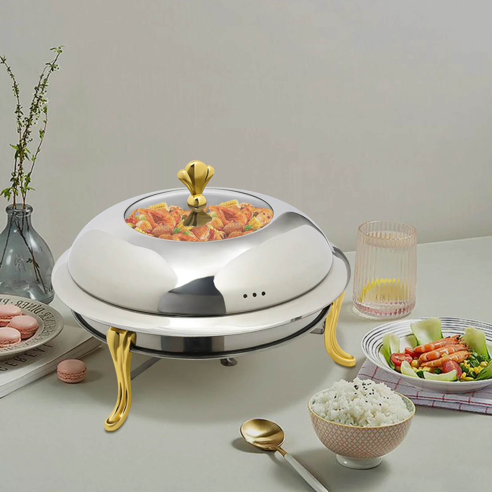 Ohrloser runder Kronenofen, Durchmesser 24 cm, Gold, für Zuhause, Restaurant, Koch, Heimküchengeschirr