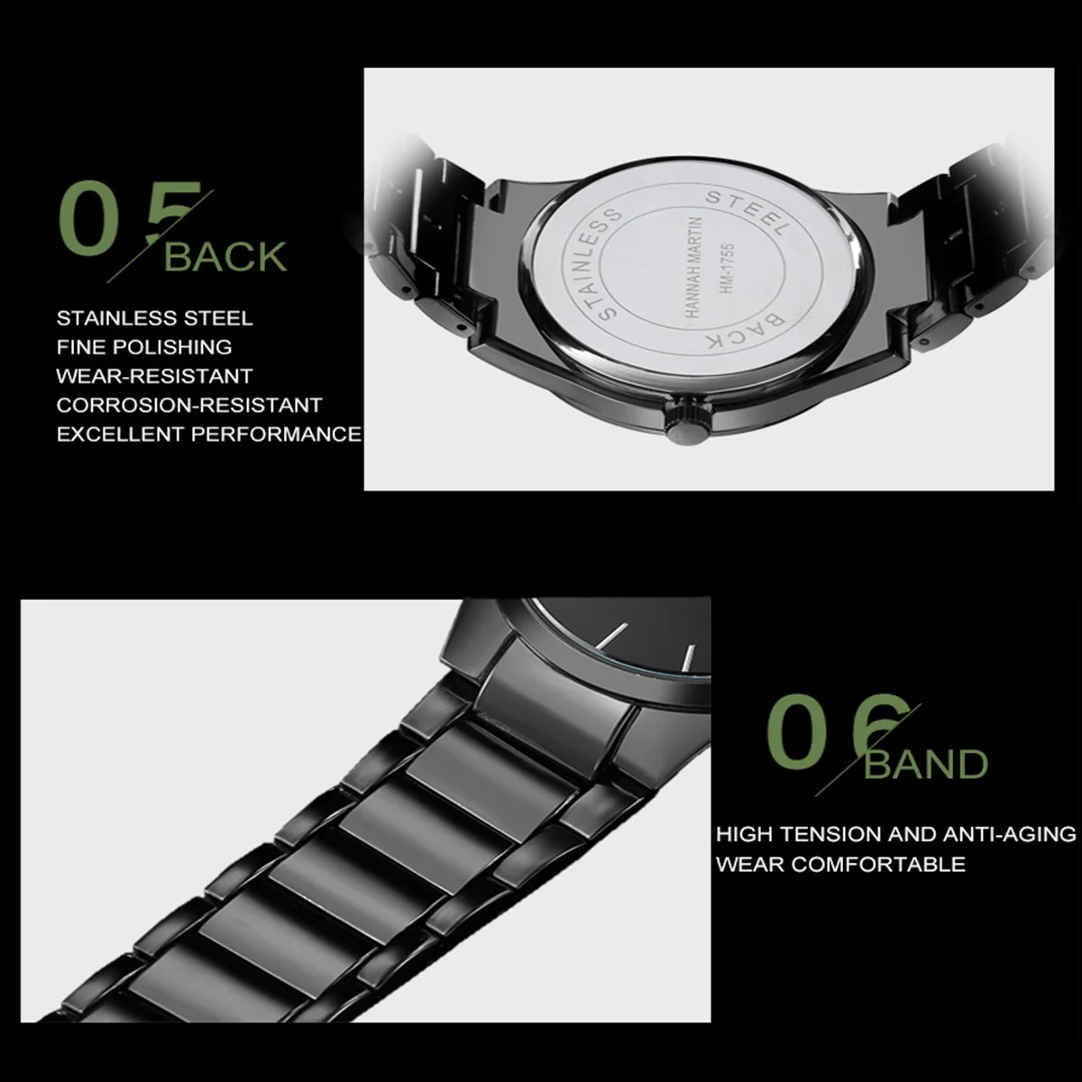 هانا مارتن العلامة التجارية الرجال الساعات وعاء من الستانليس ستيل الأسود حزام الأعمال نمط كوارتز حركة 3Bar ساعة رياضية مقاومة للماء للرجال