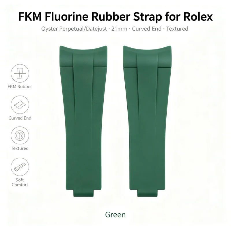 21mm Premium FKM Fluorine Rubber Strap for Rolex Oyster Perpetual Datejust Curved End Green Textured Men Replacement Watch Band