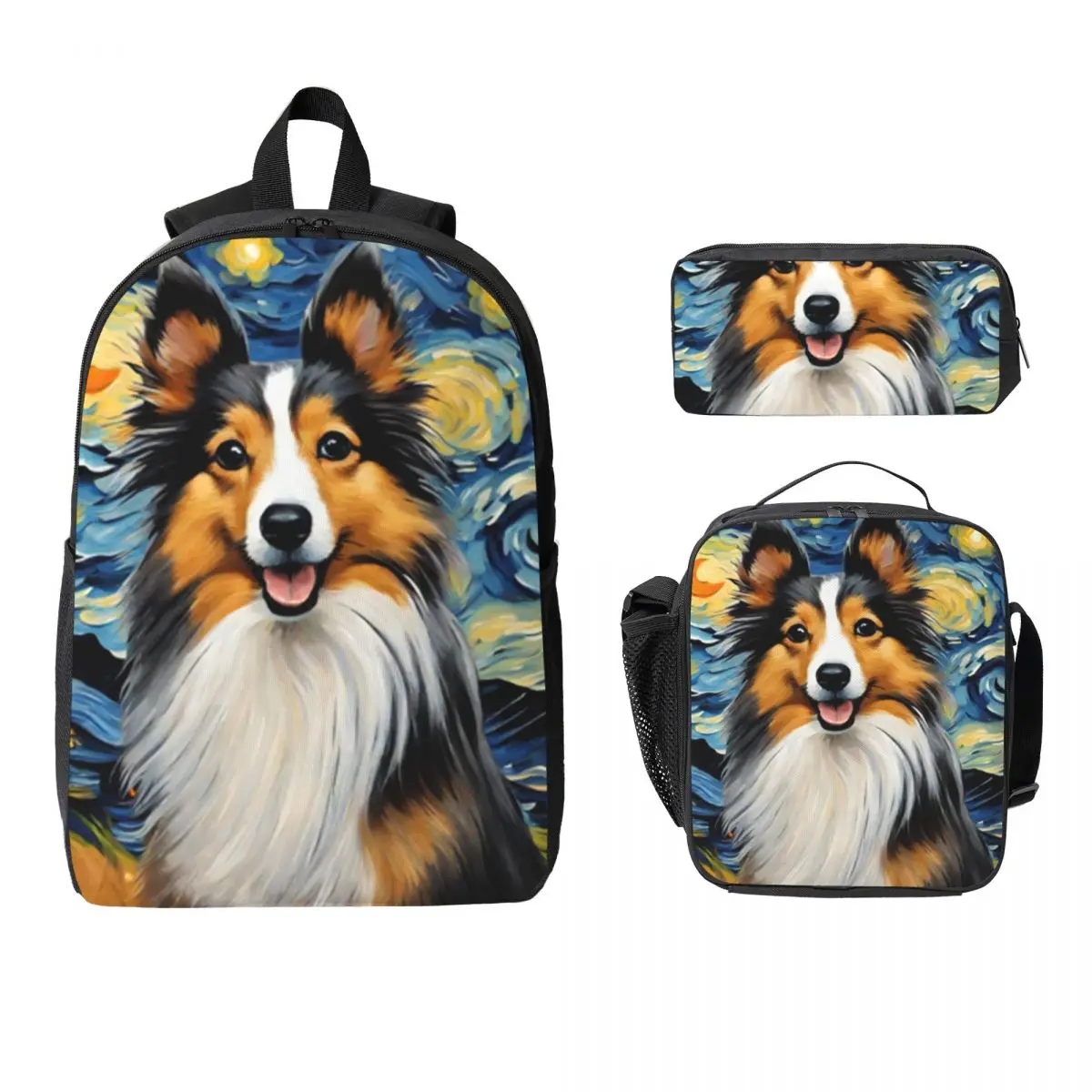 

Shetland Sheepdog Dog In A Van Gogh Starry Night Backpack Student Boy Girl BookBag SchoolBag 3ps Insulated Lunch Bag Pencil Case