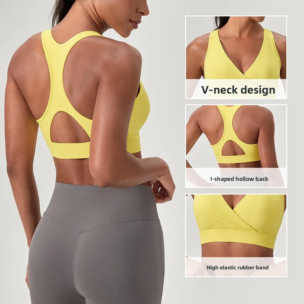 Women's yoga wear  sports underwear, nude deep V, sexy fitness bra, nylon high-elastic I-shaped vest Spors Bras