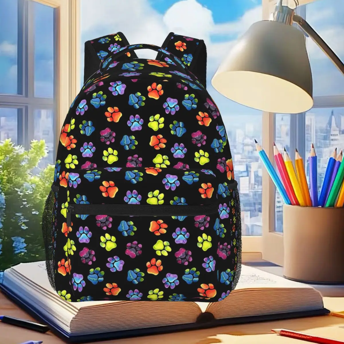 

Rainbow Paws Footprints Colorful Backpack Student Boys Girls BookBag Children School Bag Laptop Shoulder Bags for Men Women