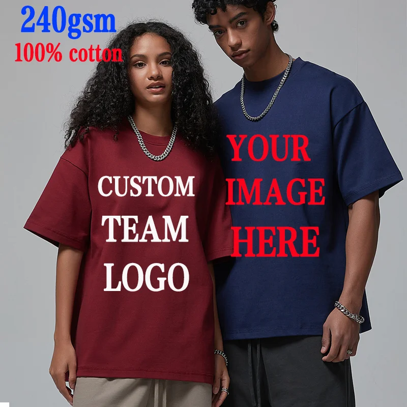 Gratis Logo Zwaargewicht 240gsm Schouder Drop Custom Ontwerp 100% Katoen T-Shirt Casual Korte Mouw Mannelijke En Vrouwelijke Cutom Team Logo