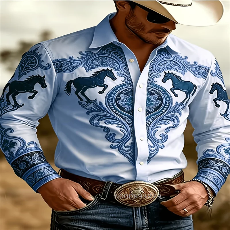 Western‑Style Men Lapel Collar Shirt Light Blue Base Running Horse Ornament Print Polyester Long‑Sleeve Blouse