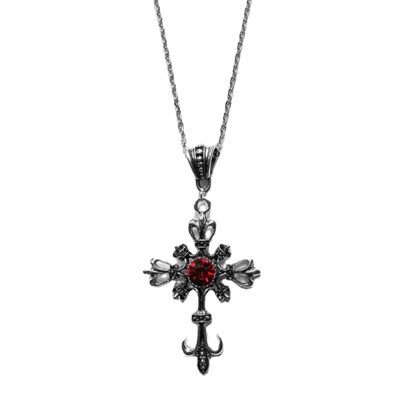 E15E Red Zircon Cross-shape Temperament Necklace Trend Light Luxury Women Sweater Chain Female Hip-hop Non-fading Jewelry