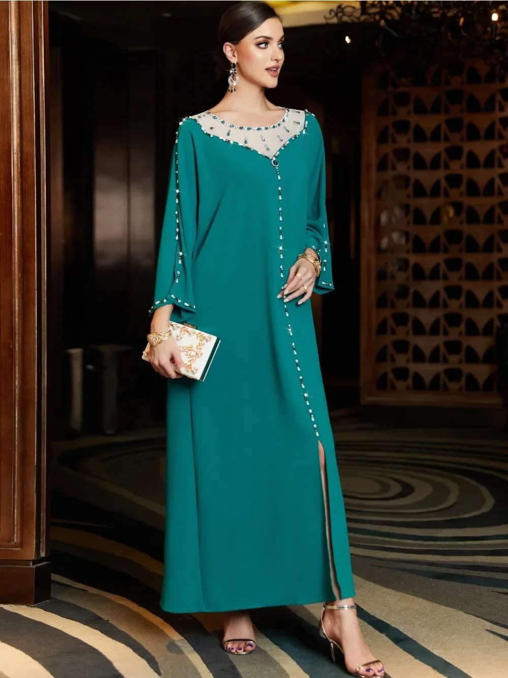 Eid Muslim Split Hem Dress for Women Abaya Diamond Jalabiya Morocco Party Dresses Dubai Abayas Kaftan Vestidos Arab Long Robe