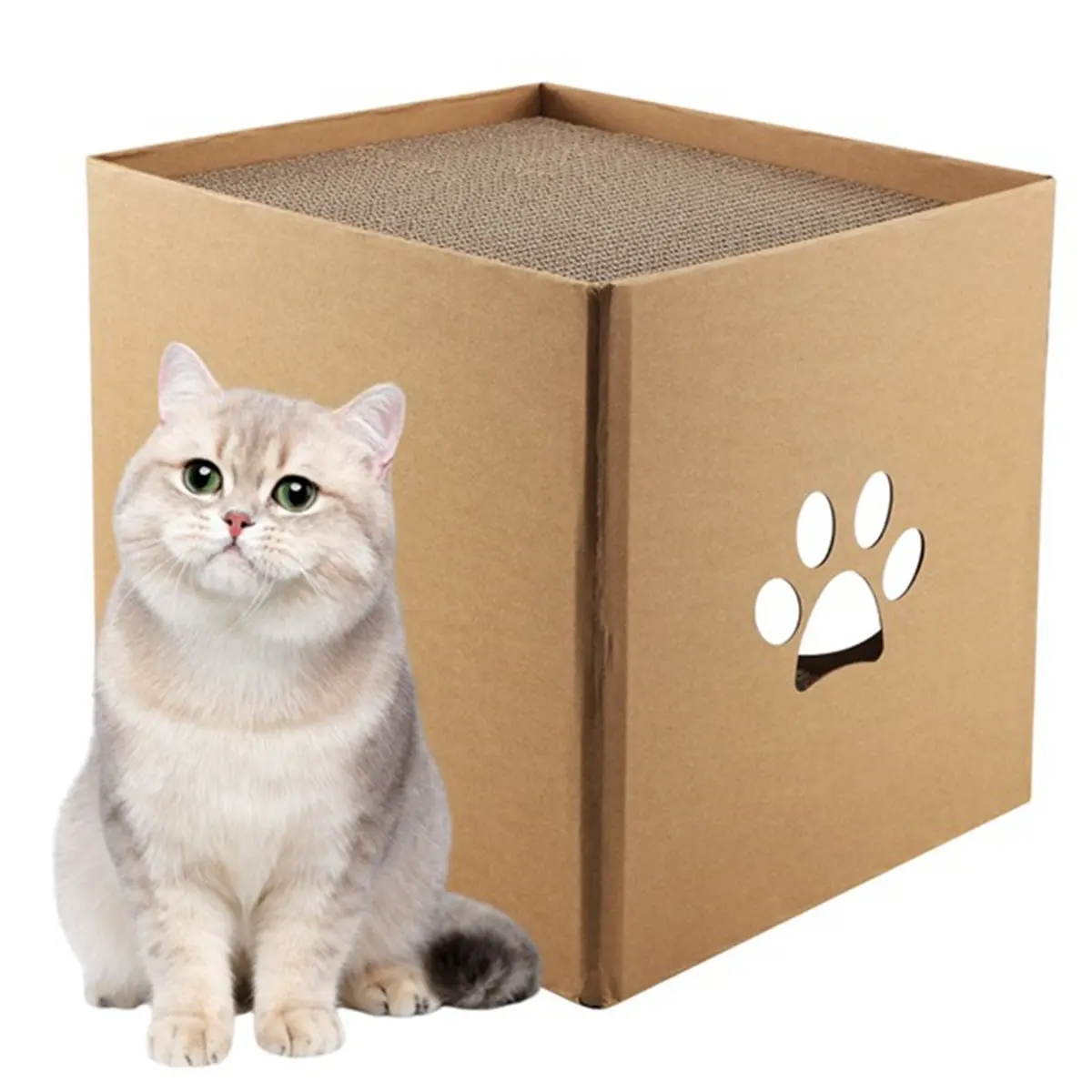 N14R Top Cat Cardboard House with Scratch Pads Play & Home Decor for Cat Birthday, Bunny Small Animals Hideout