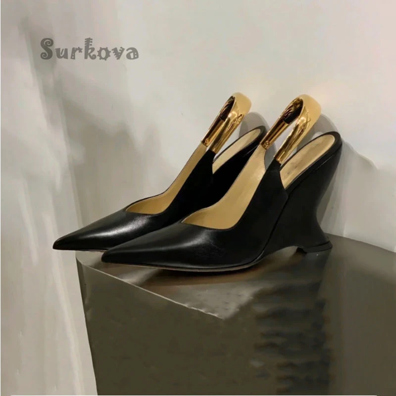 

Sexy Pointed Toe Shallow Pumps Summer Metal Back Strap High Heels Wedges Women's Shoes Elegant Baotou Oxfords Art Roman Sandals