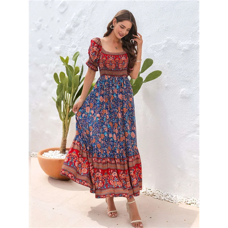 ABRT - Damska Sukienka Maxi na Lato 2025, Odkryte Ramiona, Boho, Kwiatowy Wzór, Warstwowa, Codzienna, Zwiewna, Długa