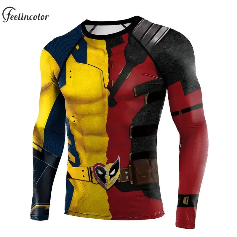 Wolverine Deadpool Cosplay Shirt for Men Quick Drying Gym Compression Shirts Superhero Halloween Top Long Sleeve Print Sportwear