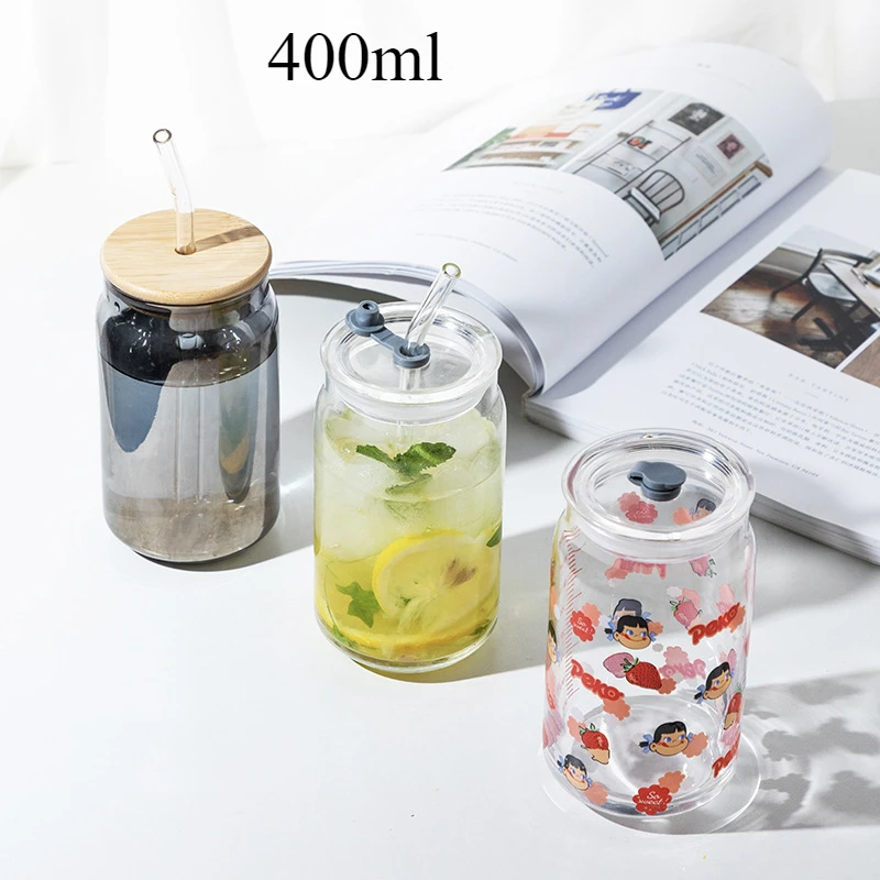 400ml Cartoon Glass Straw Cup, Milk Juice Beverage Cola Cups,Heat-resistant and Cold Resistant Beer Coffee Cup,Drinking Glasses
