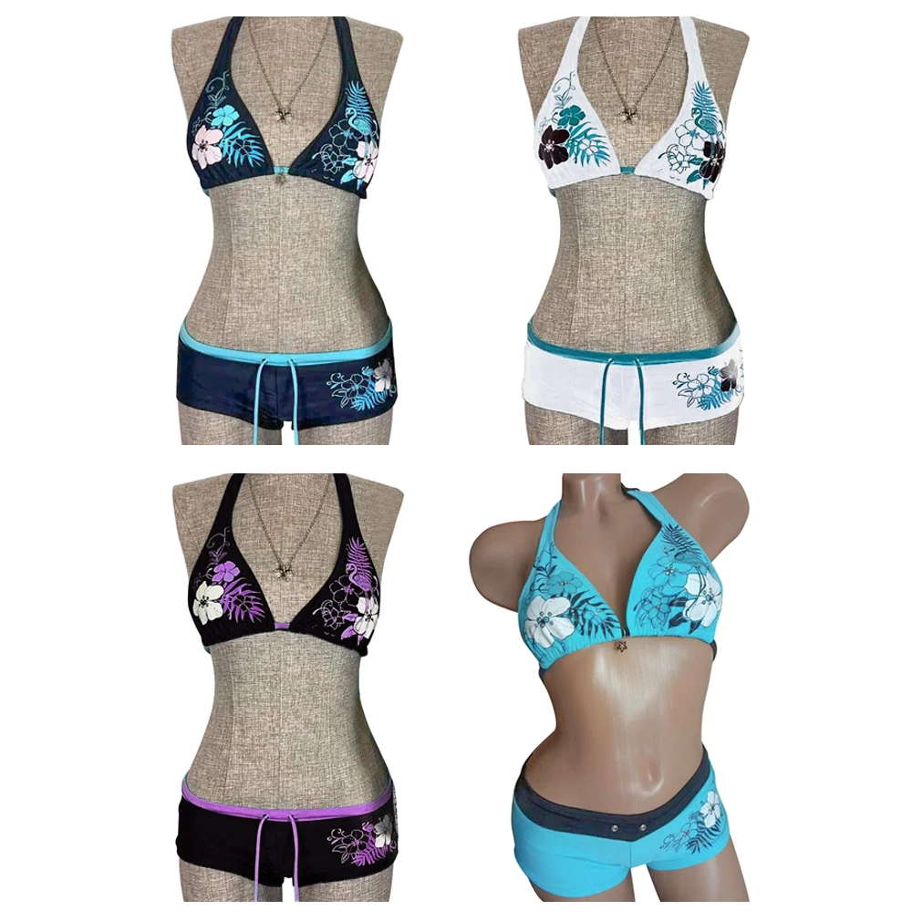 

Fashion Vintage Bikini Set Flower Print Adjustable Halter Strap Swimwear Sexy Low Waist Bathing Suit Beach Wear