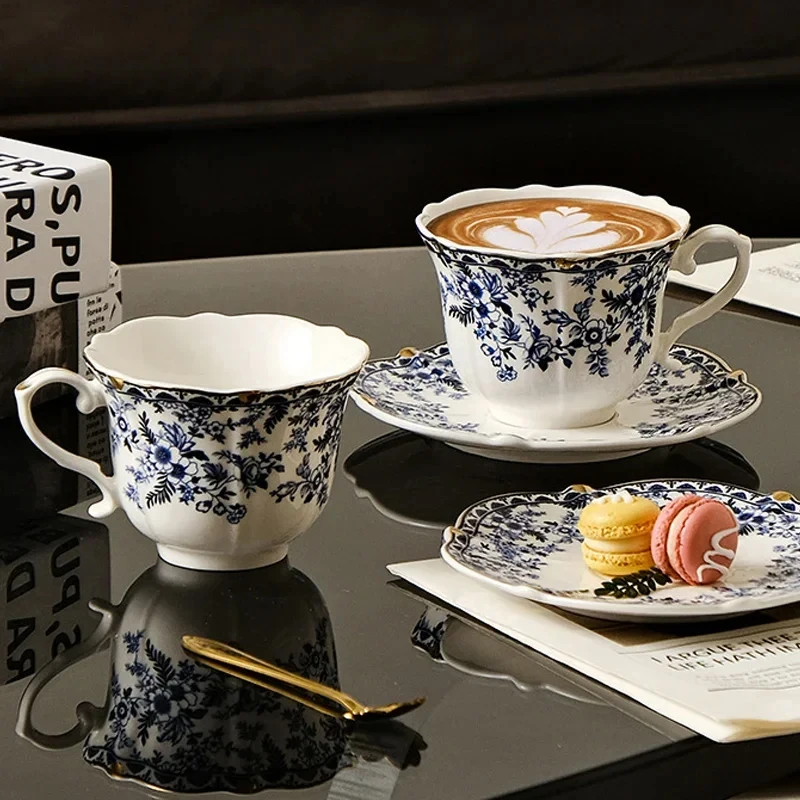 250ML Vintage Blue and White Porcelain Tea Cup and Saucer Set European Style Floral Ceramic Coffee Mug for Home Office Drinkware