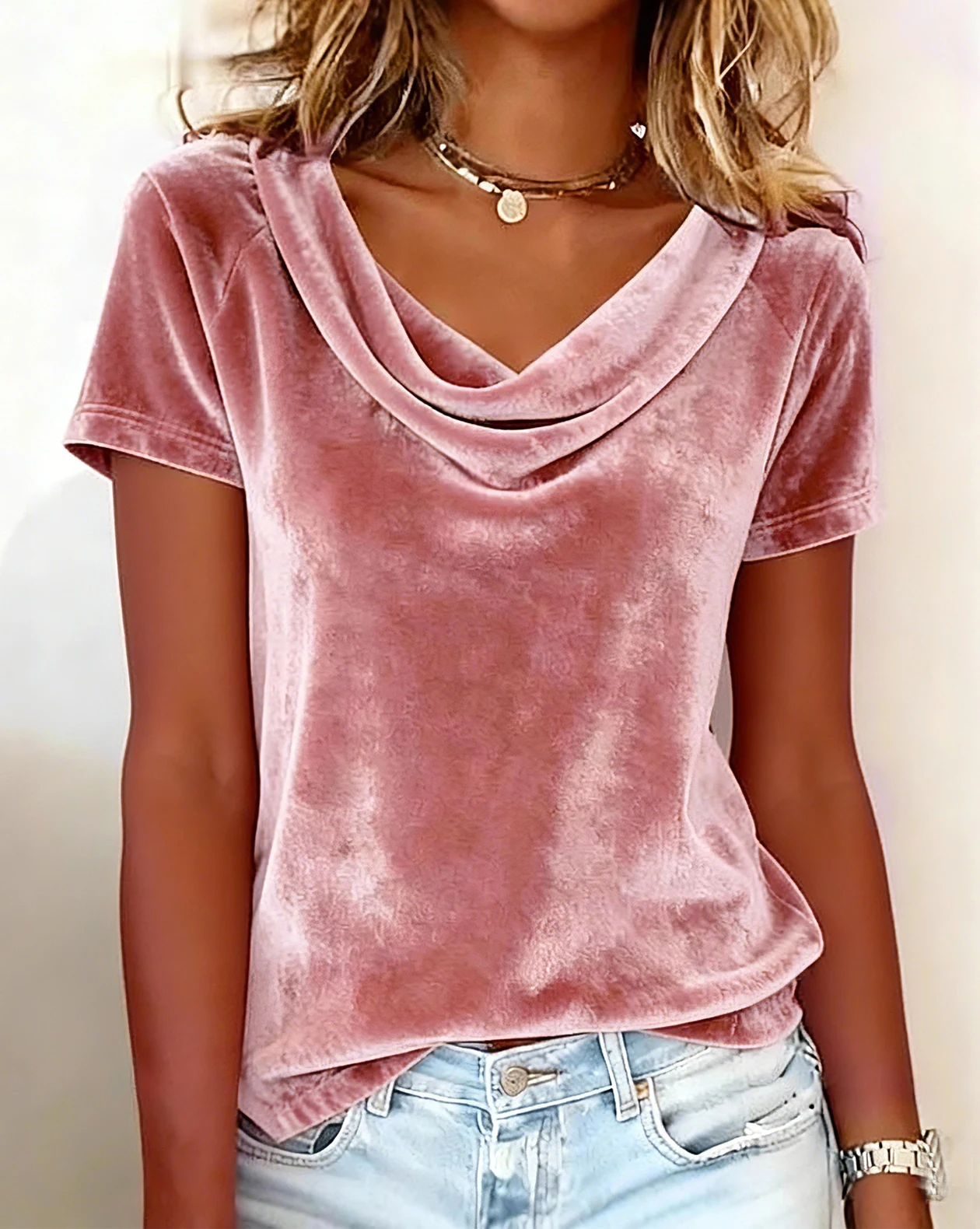 2026 Neues Damen-T-Shirt in Unifarbe mit Drapiertem Ausschnitt, Sexy Samt-Kurzarmshirt – Detail 4