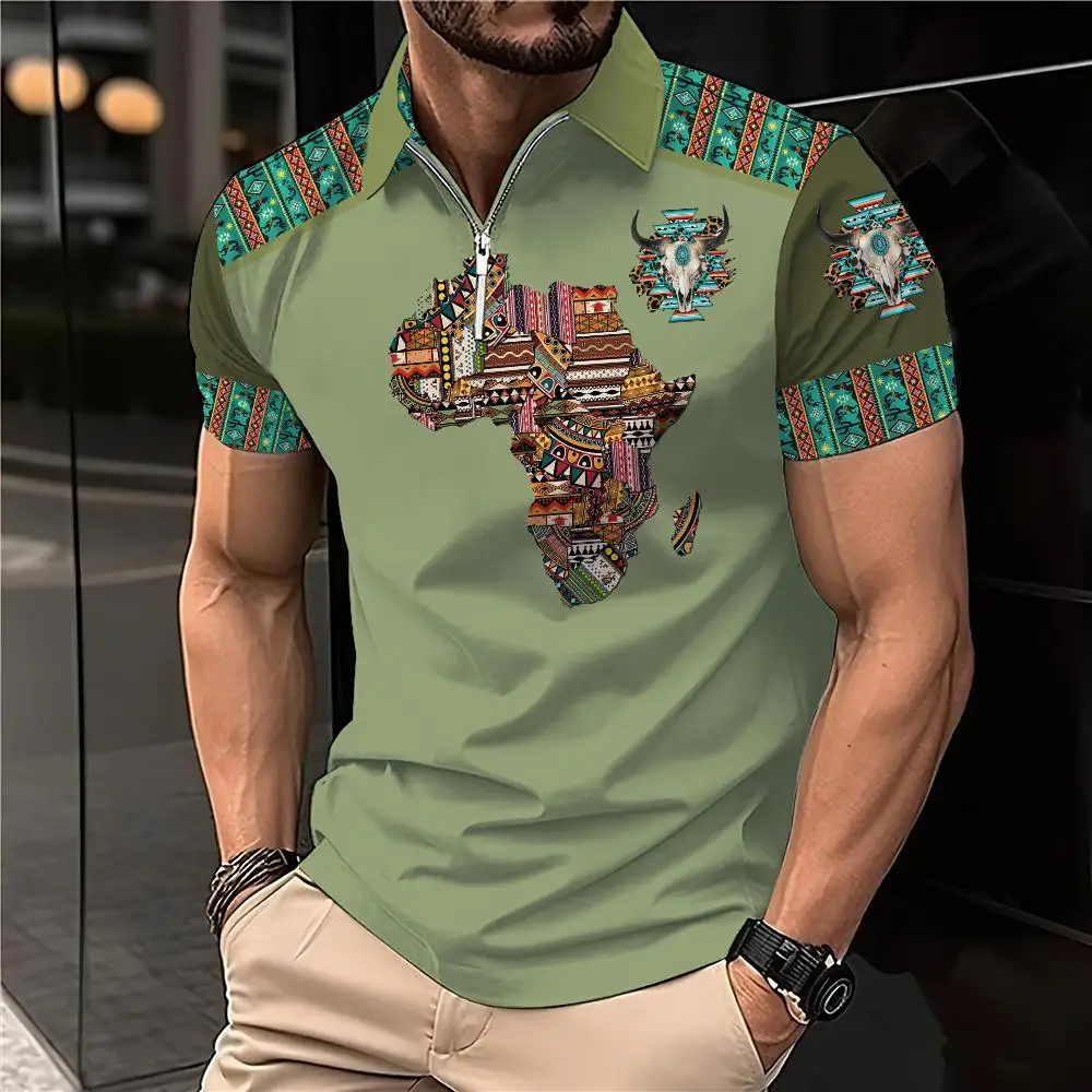 Vintage Polo Shirt For Men 3D Map Print Golf T-Shirt Motorcycle Zip Polo T-Shirt Summer Quick Drying Oversized Men Clothing Top