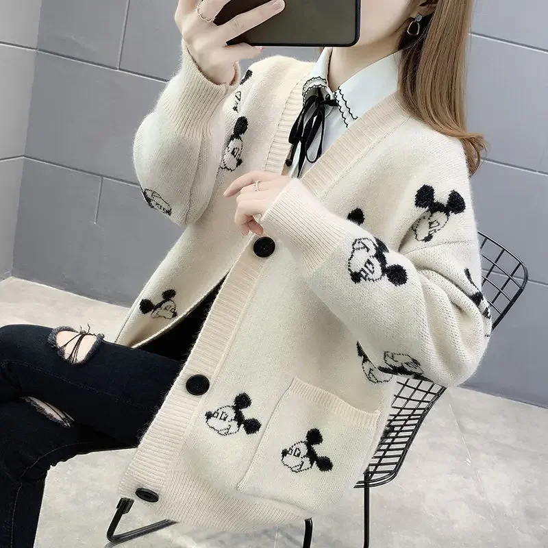 Disney Mickey Cartoon Sweaters for Women Knitted Cardigan Korean  Coat Female Autumn and Winter Loose Wild Thicken Kawaii Tops