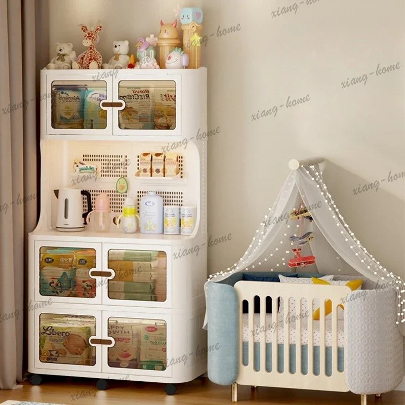 Plastic Baby Feeding Table Cabinet with Doors Drawer and Open Shelf Pantry Storage Organizer on Wheels
