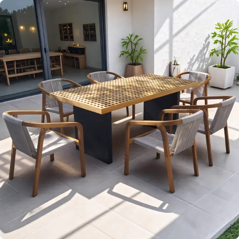 Outdoor Solid Wood Teak Table and Chair Set Villa Courtyard Sunscreen Long Round Table Hotel Garden Open Air Furniture