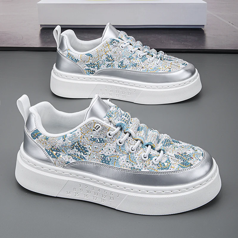 Trendy Silver Rivet Men's Low Top Board Shoes Fashionable Flat Heel Casual Lace-Up Slip-On Punk Style Cement Ground Suitable