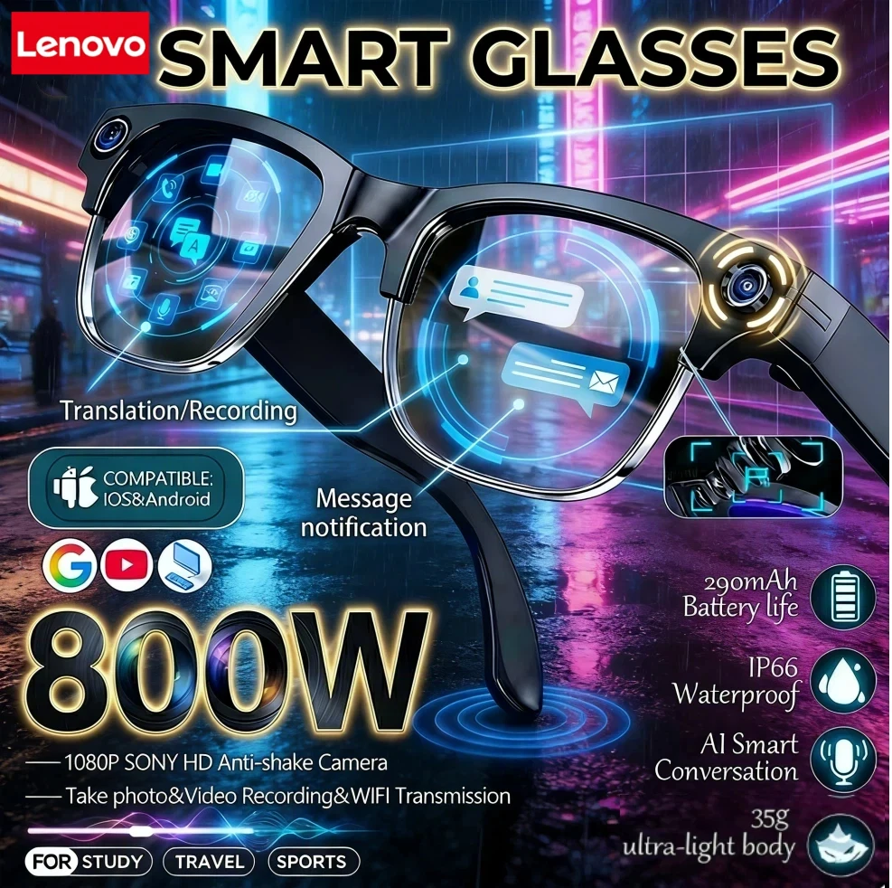 

Умные очки Lenovo AI с функцией перевода, 8-мегапиксельной HD-камерой, записью видео 4K, записью разговоров и воспроизведением музыки