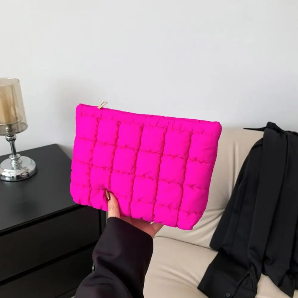 Bright Hot Pink Grid Quilted Puffer Clutch Bag Soft Lightweight Square Padded Envelope Handheld Purse for Women Daily Outfit view 2