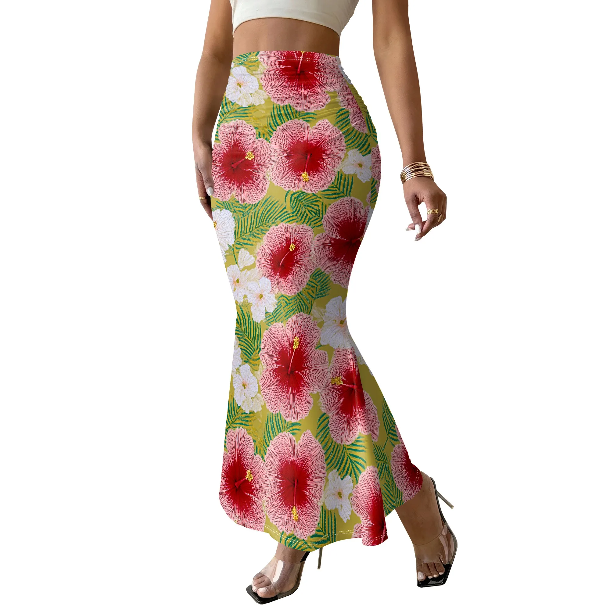 Hibiscus Print Mermaid Skirt, Tropical Floral Long Skirt, Beach Vacation Maxi Skirt, Summer High Waist Bottoms, S-3XL