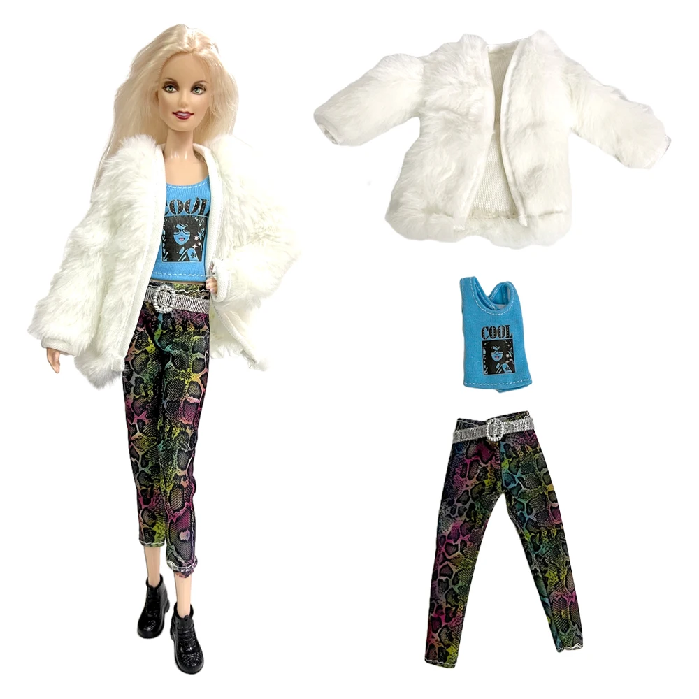 

NK 1 Set White Fur Coat + Shirt +Trouseres Fashion Outfit 1/6 Doll Clothes For 1/6 BJD Doll Accessories Children Toy Gift