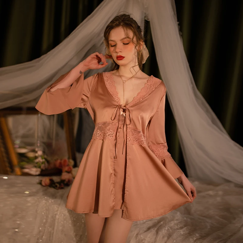 Women Silk Satin Lingerie Two Piece Women Lace Sexy Nightdress Set V-Neck Nightgowns Lace Passion Sleep Tops Underwear With Robe